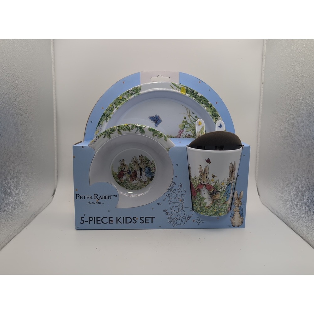 Peter Rabbit Beatrix Potter 5 Piece Melamine Kids Set Plate Bowl Cup Utensils